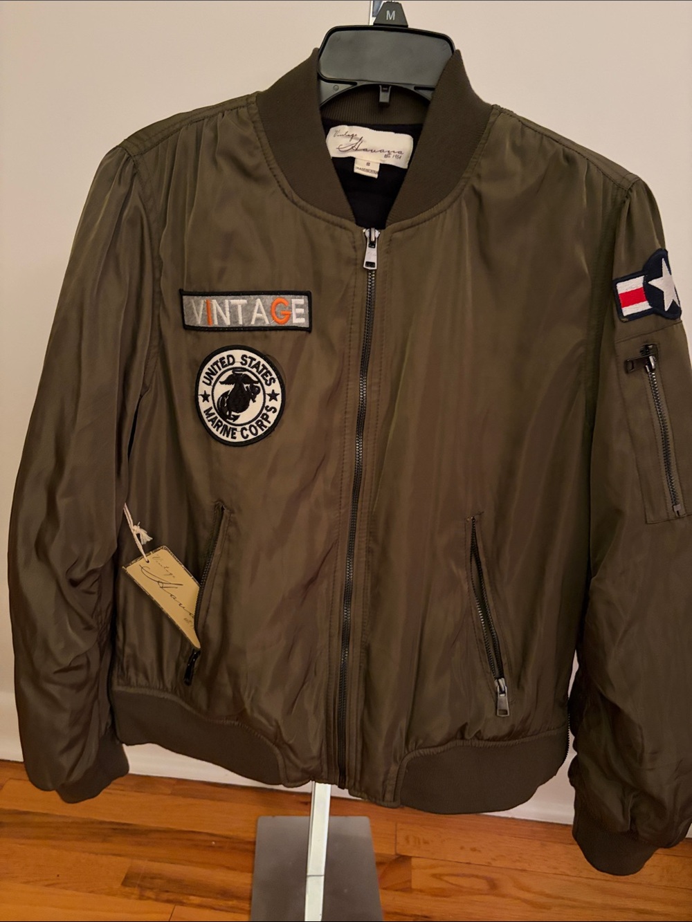 Vintage Havana Olive Bomber Jacket with Military Patch Details NWT